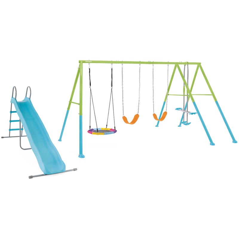 Intex - Portique-balançoire 5 agrès - 2 balançoires + face à face + nid d'oiseau + toboggan
