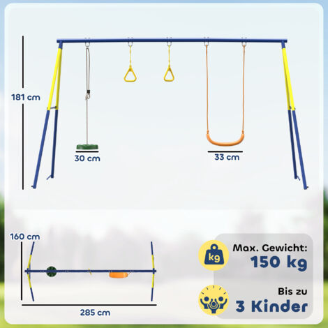 Portique pour enfants jusqu'à 150 kg, 3 en 1, comprenant balançoire classique, anneaux de gymnastique et balançoire debout, 285 x 160 x 181 cm