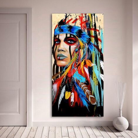 Portrait d'une femme indienne, portant une coiffe de plumes, exhalant la fierté, pour la décoration du salon (60 x 120 cm, sans cadre).