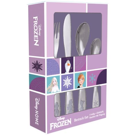 p:os 35805-Set Frozen la Regina dei Ghiacci, Set di Posate per Bambini da 4 Pezzi in Acciaio Inox, con Coltello, forchetta, minestra e Cucchiaio da Dessert, 35805