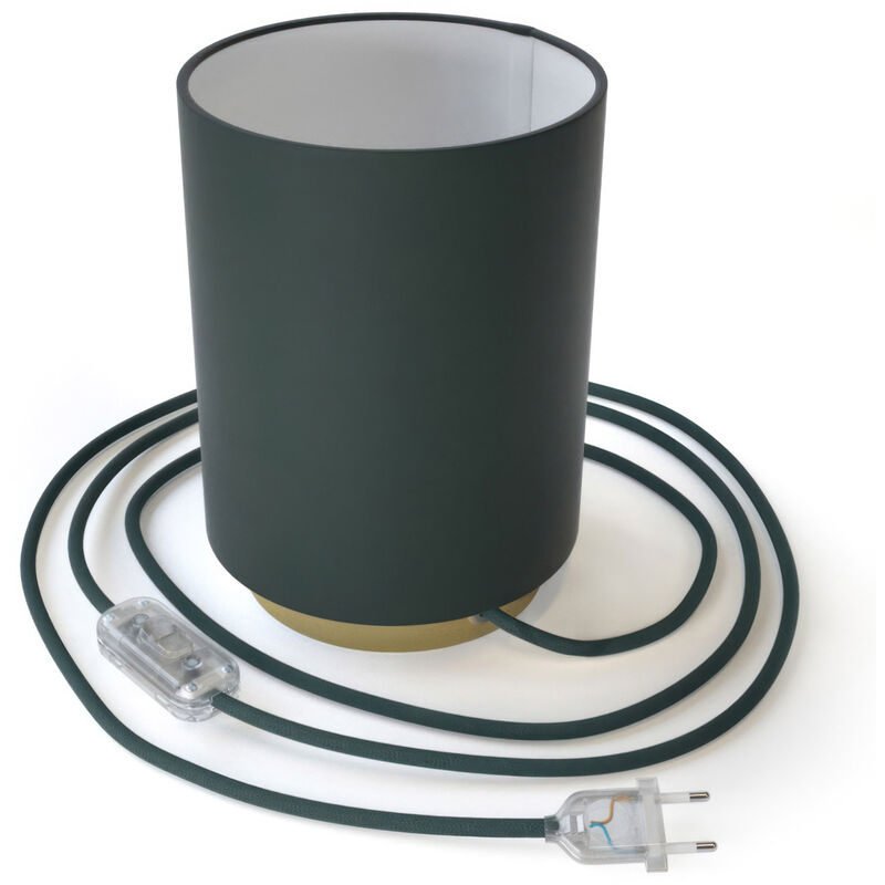 

Posaluce de metal con pantalla de cilindro azul petroleo, completa con cable textil, interruptor y enchufe de 2 polos | Con bombilla - Latón