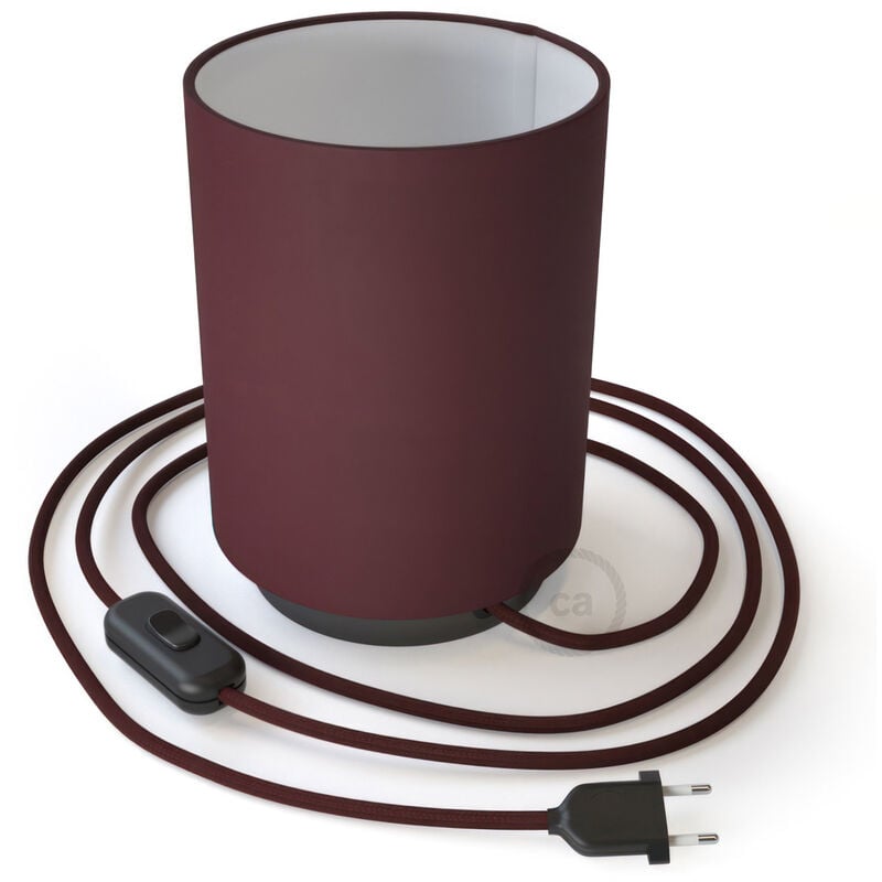 

Posaluce de metal con pantalla de cilindro Bordeaux, completa con cable textil, interruptor y enchufe de 2 polos | Con bombilla - Negro perla - Tela