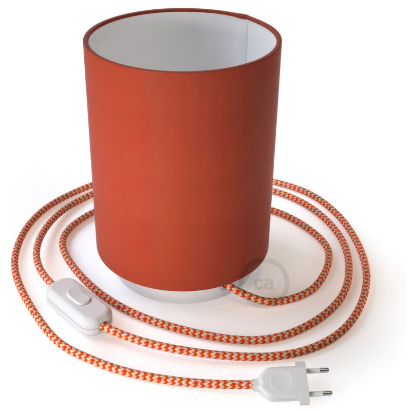 

Posaluce de metal con pantalla de cilindro langosta Cinette, completa con cable textil, interruptor y enchufe de 2 polos | Con bombilla - Blanco