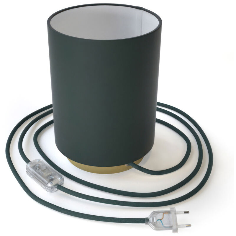 Image of Posaluce in metallo con paralume Cilindro Cinette Petrolio, completo di cavo tessile, interruttore e spina a 2 poli Con lampadina - Ottone - Cinette