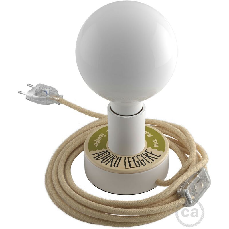 

Creative Cables - Posaluce MINI-UFO en madera doble cara BOLLAS DE LECTURA, completo con cable textil,interruptor y echufe de 2 polos | Con bombilla