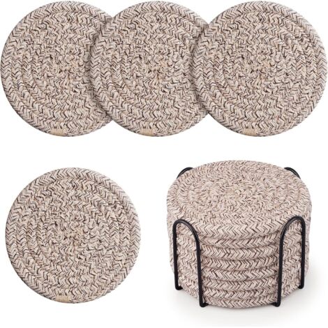 Posavasos con soporte, posavasos de algodón tejido, juego de 8 posavasos absorbentes para proteger la mesa, decoración del hogar, vasos, tazas, bar, regalo de inauguración de casa