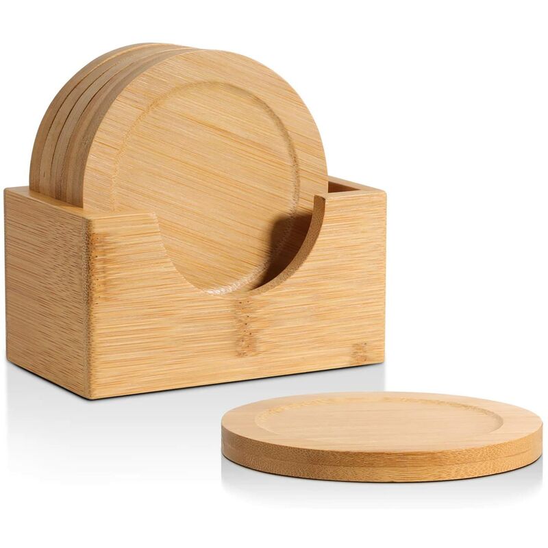 

Posavasos de madera de 9 cm, juego de posavasos absorbentes antideslizantes con caja de almacenamiento, tapete para bebidas / cocina / sala de estar