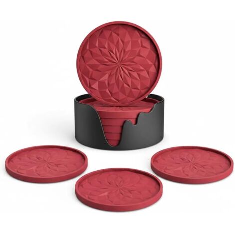 Posavasos de silicona con soporte, juego de 6 posavasos redondos en color rojo, antideslizantes y resistentes al calor, aptos para lavavajillas – Para bebidas, café, tazas, cocina, bar y sala de estar