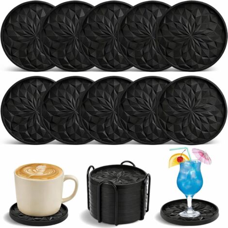 Posavasos de silicona, juego de 10 posavasos para vasos y tazas, posavasos para vasos y bebidas, posavasos extra gruesos y antideslizantes para tazas con soporte, posavasos para vasos, color negro.