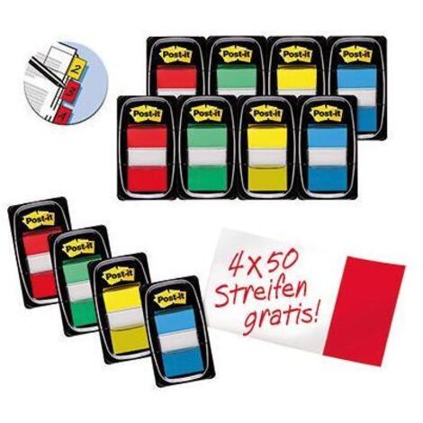 Post-it Haftstreifen Index Standard Promotion Maße: 25,4 x 43,2 mm (B x H) Farbe: rot, gelb, blau, grün
