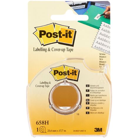 Post-it Nastro Adesivo in Carta per Etichette e Correzioni, Scrivibile, Bianco e Rimovibile, Post-it Rotolo per Scuola, Quaderni e Archivio, Rotolo da 25 mm x 17,7 m