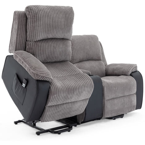 POSTANA DUAL MOTOR RISE RECLINER 2 SEATER JUMBO CORD DRINKS CONSOLE MOBILITY SOFA (Grey)