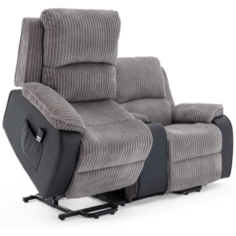 POSTANA DUAL MOTOR RISE RECLINER 2 SEATER JUMBO CORD DRINKS CONSOLE MOBILITY SOFA (Grey)