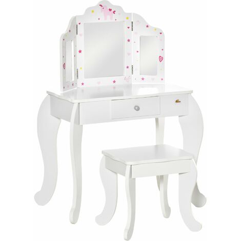 Postazione Trucco Specchiera Giocattolo per Bambini in Legno Bianca