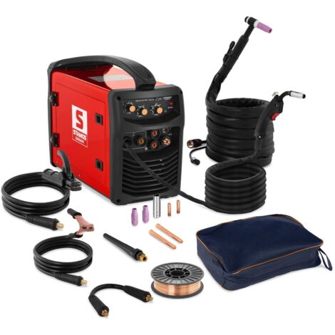 Poste à souder MMA 250A – 230V – Procédés MIG/MAG, TIG, FCAW – Onduleur IGBT pour soudures précises – Inclus torches et câbles – Stamos Germany
