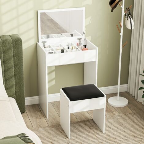 Poste de maquillage avec miroir rabattable, coiffeuse moderne, avec tabouret, compartiment de rangement à 10 compartiments, MDF blanc, 60.2 x 40.2 x 79 cm