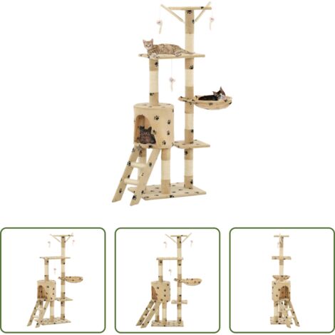 Poste de sisal -  Rascador para gatos con poste de sisal 138 cm huellas beige