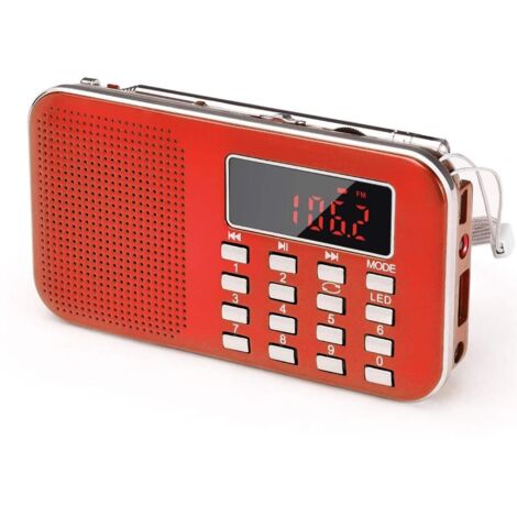Poste Radio Portable AM/FM, Petite Radio Portable Rechargeable avec Batterie Rechargeable de 1200mAh, TransistorRadio avec éClairage de Secours, Mini USB/SD/AUX(Rouge)