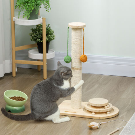 Poste Rascador para Gatos Altura 56,5 cm con 3 Bolas Colgantes Juguete de Pelota de Pista Madera Natural