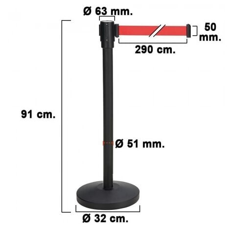 Poste separador cinta extensible 3 metros. Ø base 32 cm. Ø tubo 5,1 cm. altura 91 cm.