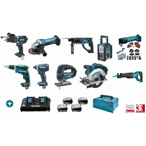 Posten 10 MAKITA 18V Maschinen 4 Akkus 5Ah + Doppelladegerät + Bohrschrauber + Schlagschrauber + Schleifer + Stichsäge + Schleifschneider + Radio + Kreissäge + Trockenbauschrauber + Säbelsäge + Bohrha