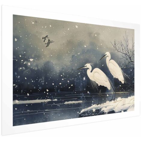 Poster - Aironi presso lo stagno invernale - Illustrazione in stile giapponese con colori scuri