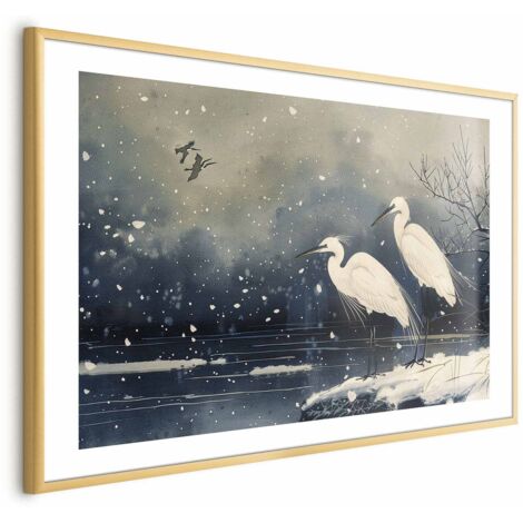 Poster - Aironi presso lo stagno invernale - Illustrazione in stile giapponese con colori scuri