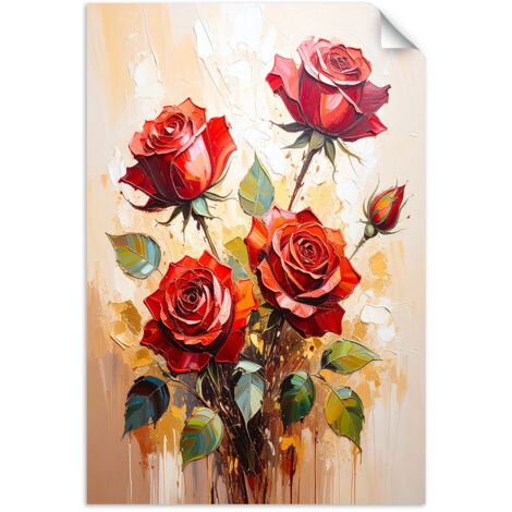 Poster autocollant Roses rouges sur fond beige 20x30