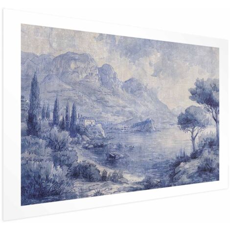 Póster - Bahía Azul - Paisaje italiano del lago de Como pintado con tinta azul