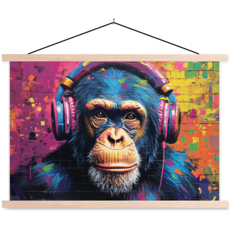 POSTER CON CORNICE MAGNETICA Graffiti - Scimpanzé - Street art - Cuffie - Scimmia 60x40 cm