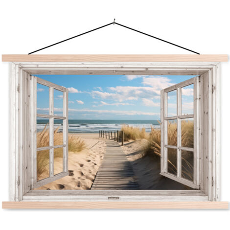PÓSTER CON MARCO MAGNÉTICO Ventana - Mar - Costa - Naturaleza - vista - Playa - Mar de Wadden 60x40