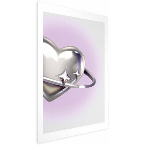 Póster - Corazón Cósmico - un corazón plateado con un anillo sobre un fondo morado
