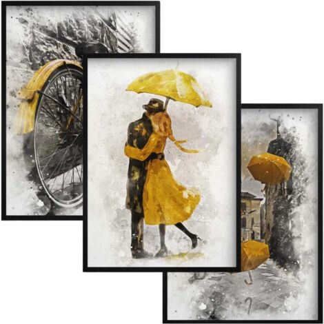 Poster da parete con cornice nera Set giallo Trittico per camera da letto