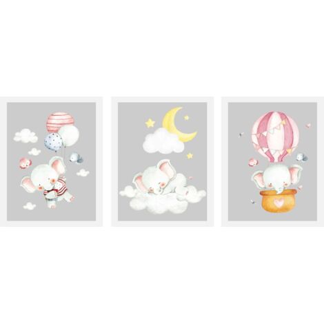 Poster da parete per la cameretta dei bambini Elefanti con palloncini Nuvole 3x 30x40
