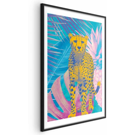 Poster di leopardo esotico - Ritratto colorato di un ghepardo su uno sfondo di foglie tropicali
