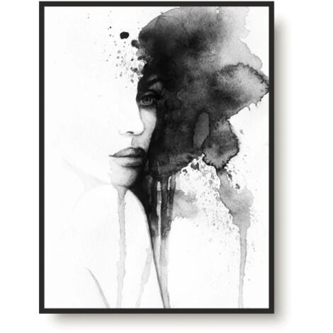 Póster en blanco y negro con imagen de mujer en acuarela para dormitorio y sala de estar.