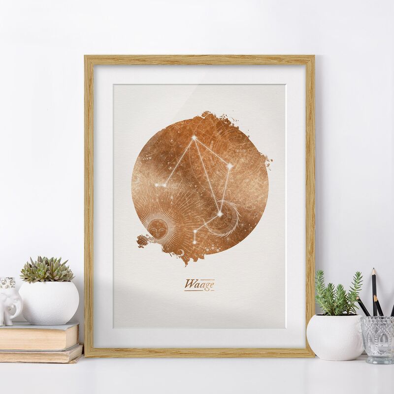 MICASIA Poster encadré - Segno zodiacale Bilancia d'oro Dimension HxL: 24cm x 18cm, Couleur cadre: Chêne