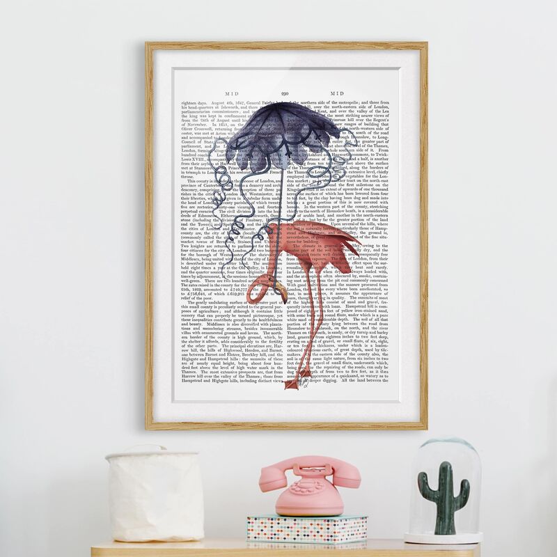 

Póster enmarcado - Lettura Degli Animali - Flamingo Con L'Ombrello Dimensión LxA: 40cm x 30cm, Marco: Roble