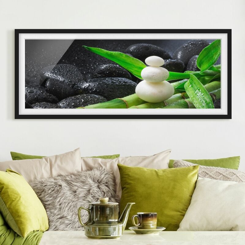 

Póster enmarcado - Pietre bianche su bambù Dimensión LxA: 50cm x 130cm, Marco: Negro