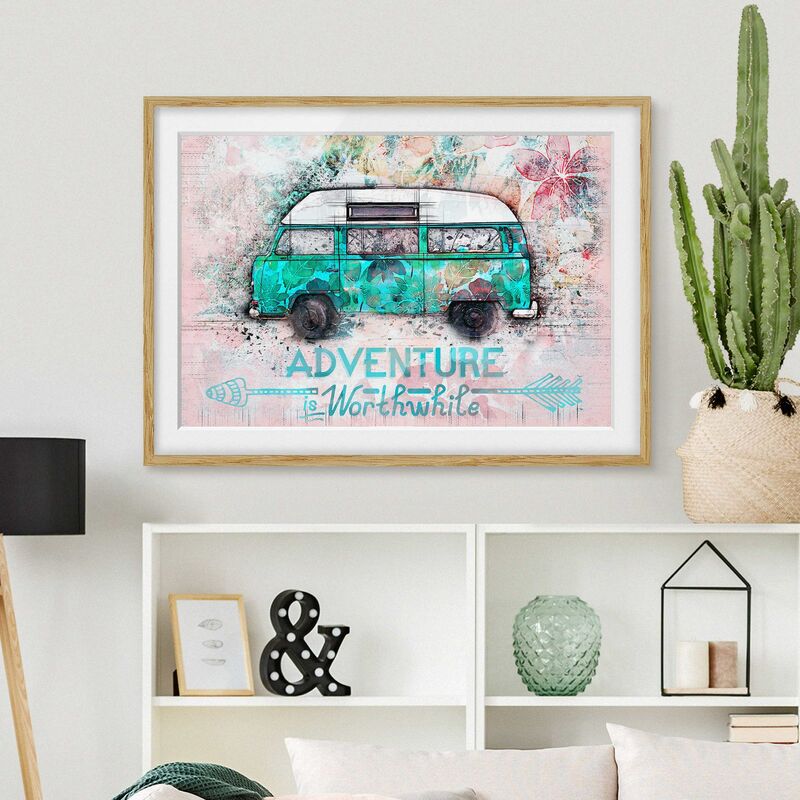 

Póster enmarcado - Bulli Adventure Collage pastello Dimensión LxA: 50cm x 70cm, Marco: Roble