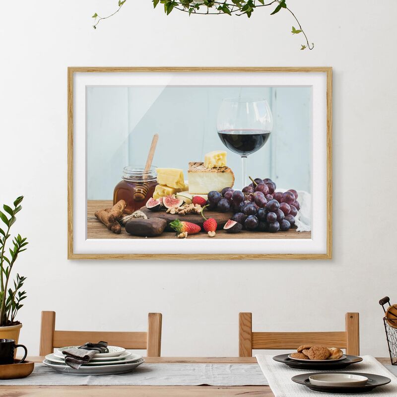

Póster enmarcado - Cheese And Wine Dimensión LxA: 18cm x 24cm, Marco: Roble