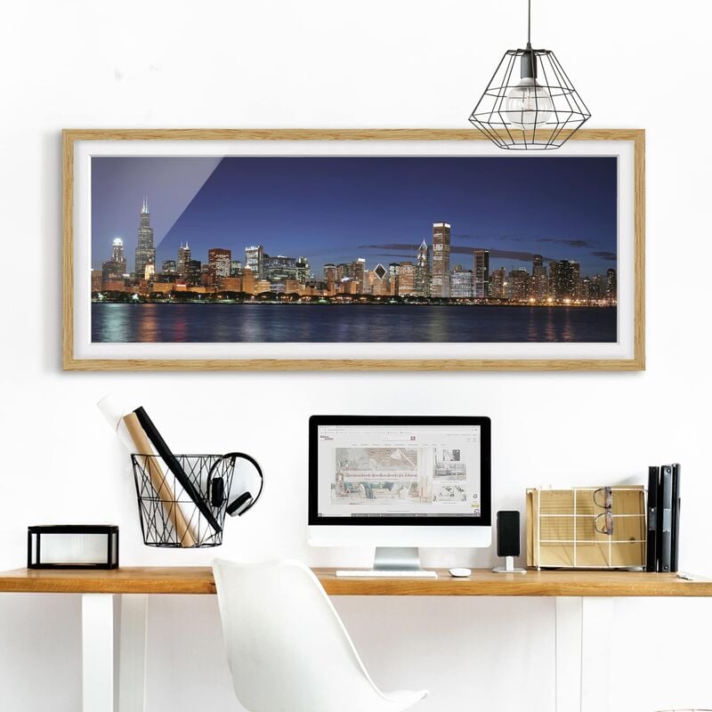 

Póster enmarcado - Chicago Skyline Di Notte Dimensión LxA: 50cm x 130cm, Marco: Roble