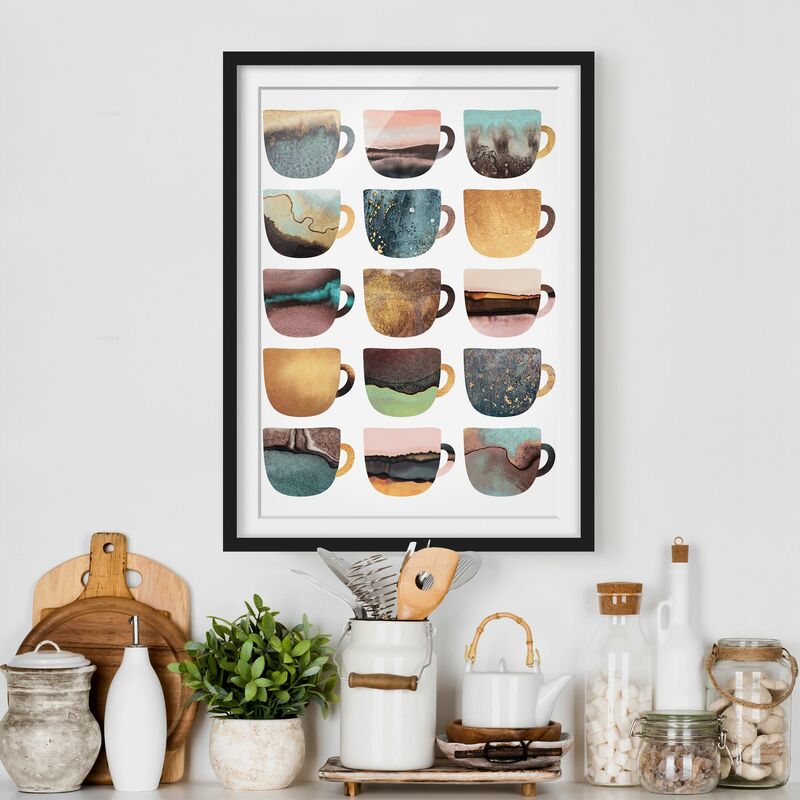 

Póster enmarcado - Tazze di caffè variopinte con oro Dimensión LxA: 100cm x 70cm, Marco: Negro