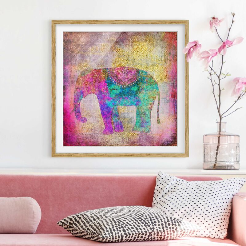 

Póster enmarcado - Colorato collage - Elefante indiano Dimensión LxA: 70cm x 70cm, Marco: Roble