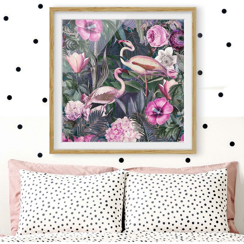 

Póster enmarcado - Colorato collage - Fenicotteri Rosa In The Jungle Dimensión LxA: 30cm x 30cm, Marco: Roble