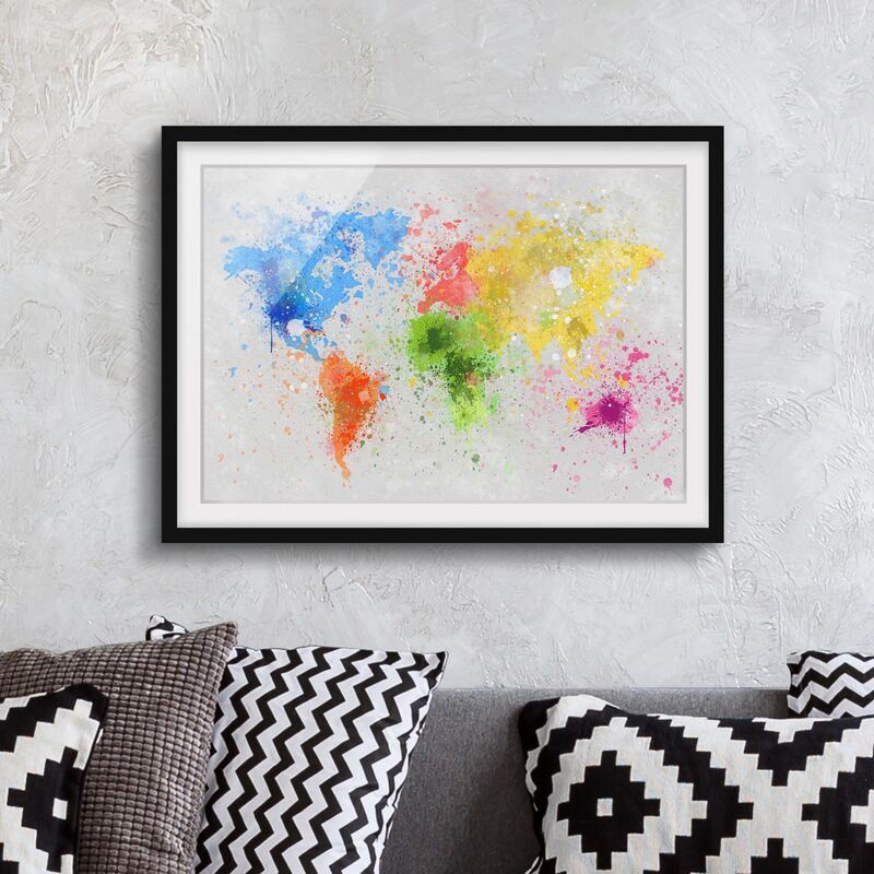 

Póster enmarcado - Colorful Splashes World Map Dimensión LxA: 18cm x 24cm, Marco: Negro