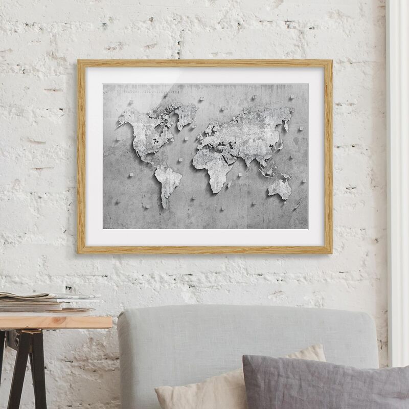 

Póster enmarcado - Concrete World Map Dimensión LxA: 70cm x 100cm, Marco: Roble