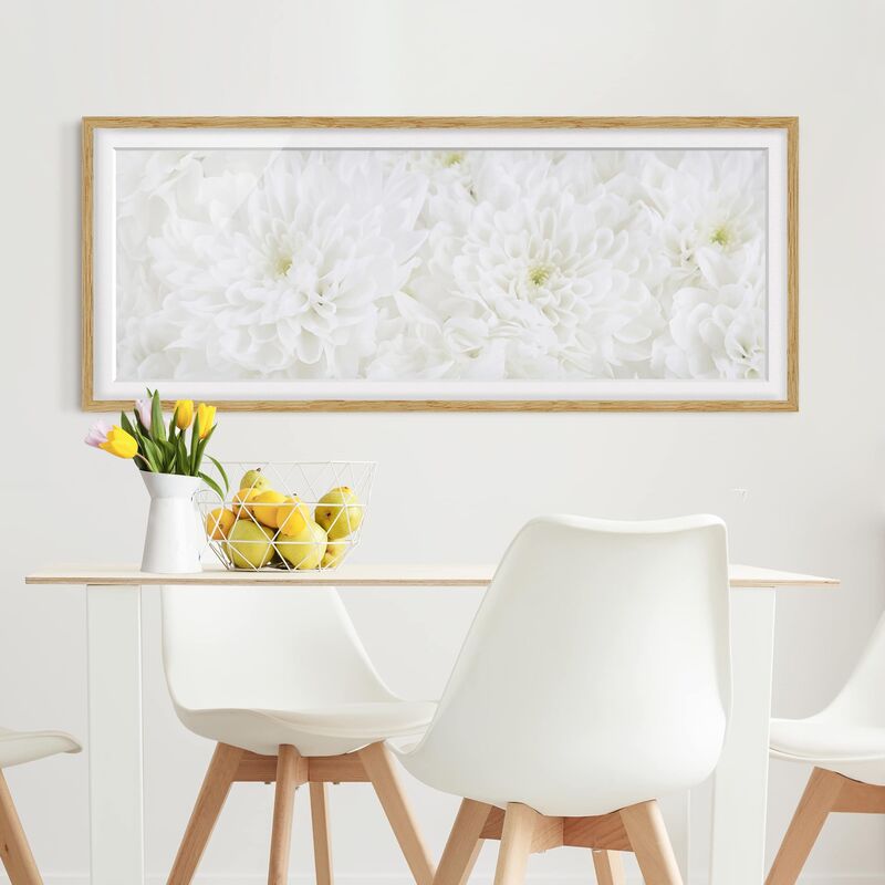 

Póster enmarcado - Dalie Blumenmeer Bianco Dimensión LxA: 50cm x 130cm, Marco: Roble