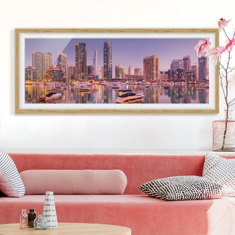 

Póster enmarcado - Dubai Skyline E Marina Dimensión LxA: 40cm x 100cm, Marco: Roble