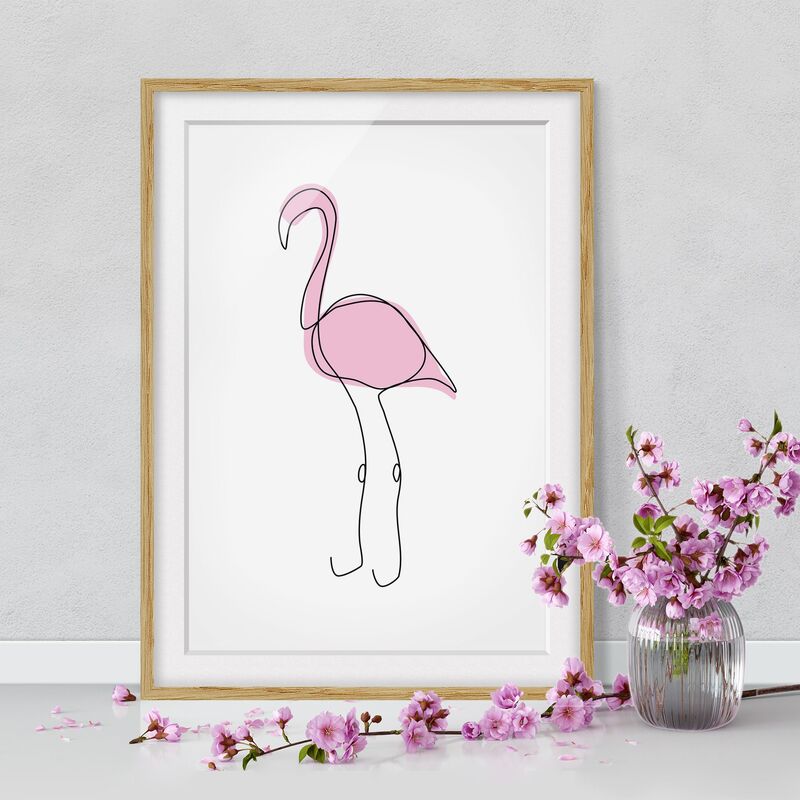 

Póster enmarcado - Flamingo Line Art Dimensión LxA: 100cm x 70cm, Marco: Roble